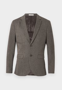 Tmavo šedý blazer vyrobený z textúrovanej tkaniny; má klopový golier, dve predné vrecká a dva gombíky; podšitý interiér.