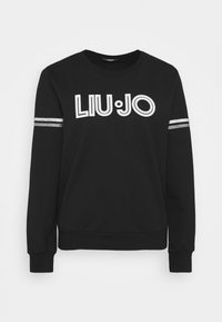 Felpa nera a maniche lunghe con testo "LIU JO" in bianco sul petto e due righe orizzontali bianche su ogni manica.