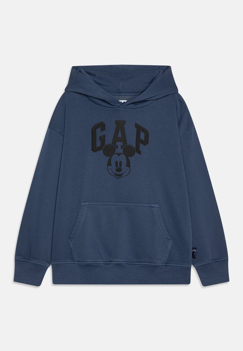 Morske plave dukserice od pamuka, s prednjim kenguruvim džepom, kapuljačom s šniranjem, te crnim grafičkim tekstom i logotipom Mickey Mousea.
