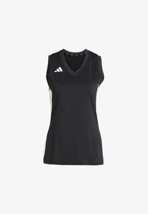 Top atlético negro sin mangas con escote en V, paneles laterales blancos en contraste y tres rayas blancas en el hombro izquierdo. Tejido ligero.