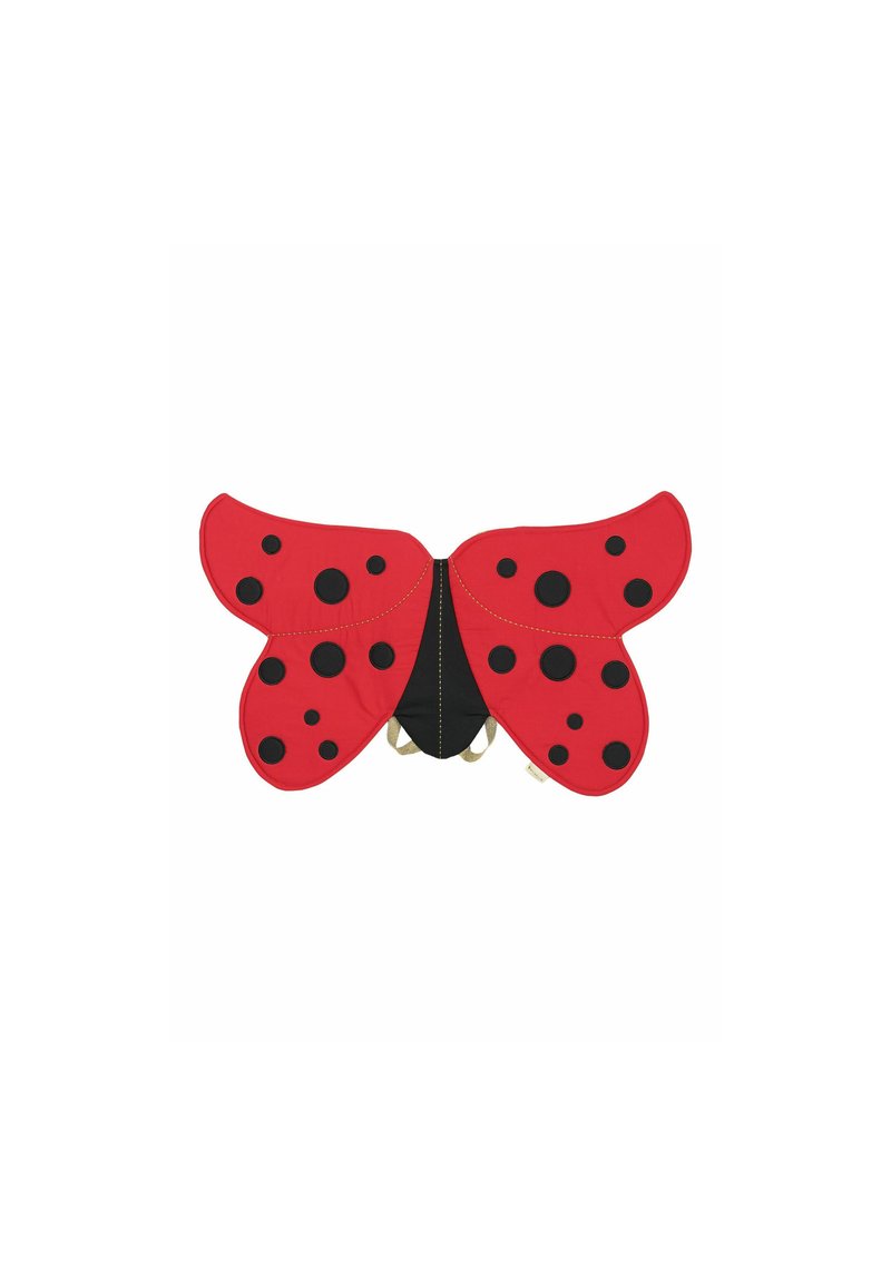 Red ladybug-shaped cushion with black spots, featuring a smooth fabric surface and a black center, designed for comfort and decorative use.