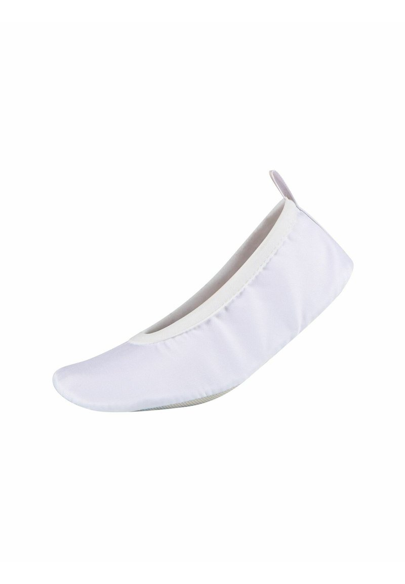 Ballerine in tessuto bianco con punta arrotondata, caviglia elastica e texture liscia. Design leggero adatto per un uso quotidiano.