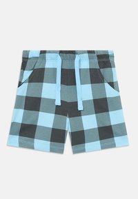 Pantalones cortos a cuadros azules y negros con cintura elástica y cordones azules, que presentan dos bolsillos frontales sobre un fondo blanco.