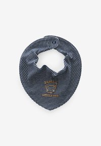 Marinblå och vit randig bandana-formad haklapp med en björngrafik och texten "Daddy's Little Cub" i brunt. Mjuk tyg, cirkelformad design.