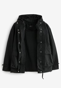 Schwarze Kapuzenjacke aus strukturiertem Stoff. Verfügt über Druckknöpfe, Vordertaschen und verstellbare Kordeln am Saum und an der Kapuze.