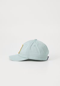 Casquette de baseball bleu clair avec une couronne arrondie, visière courbée et un patch coloré à l'avant. Tissu en coton avec une finition texturée.