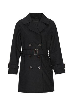 Abrigo negro estilo gabardina con cierre de botones doble, cuello ancho, cinturón en la cintura y detalles en los puños. Presenta una textura suave y un diseño de longitud media.