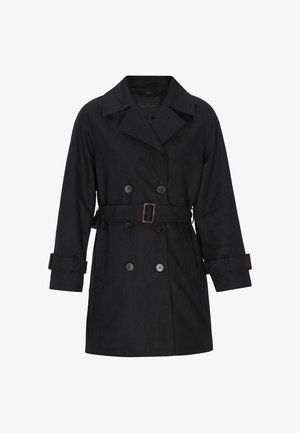 Black trench coat with double-breasted button closure, wide collar, waist belt, and cuff accents. Features a smooth texture and mid-length design.