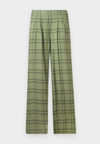 Green wide-leg trousers with black plaid pattern and a high waistband, front pleats, and side pockets.