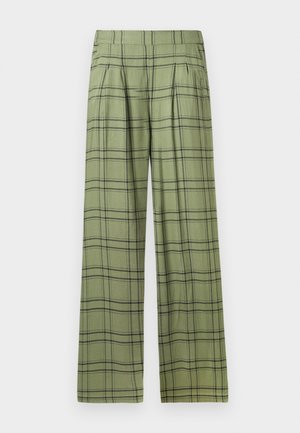 Pantaloni verde a gamba larga con motivo a scacchi neri e una vita alta, pieghe frontali e tasche laterali.
