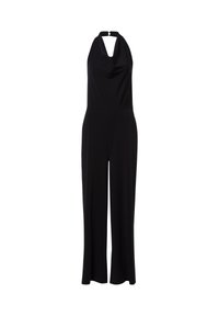 Mono negro con escote en V, tirantes al cuello y diseño de pierna ancha. Confeccionado en una tela suave y elástica para un ajuste cómodo.