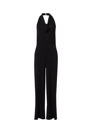 Jumpsuit noir avec décolleté en V, bretelles halter et design à jambes larges. Fabriqué en tissu lisse et extensible pour un ajustement confortable.