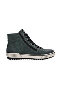 Baskets montantes vert foncé avec lacets noirs, fermeture éclair sur le côté, semelle texturée blanche et détails cousus.