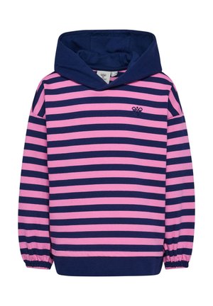 Dziecięca bluza z kapturem z poziomymi paskami w kolorze granatowym i różowym, granatowym kapturem oraz małym, haftowanym logo pszczoły na piersi.