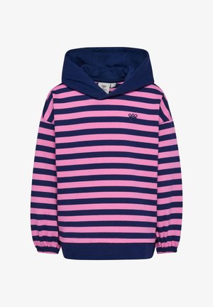 Dziecięca bluza z kapturem z poziomymi paskami w kolorze granatowym i różowym, granatowym kapturem oraz małym, haftowanym logo pszczoły na piersi.