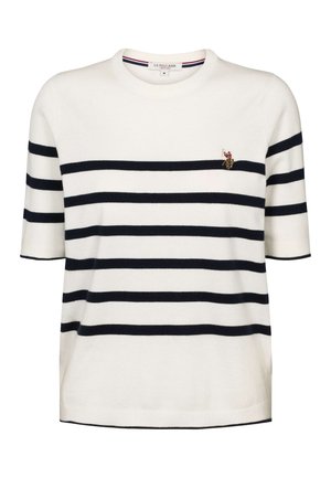 Weißer Kurzarm-Pullover mit marineblauen horizontalen Streifen. Mit kleinem gesticktem Emblem auf der Brust und Rundhalsausschnitt. Weiche Textur.