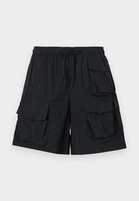 Black cargo shorts made of lightweight fabric, featuring multiple large pockets, an elastic waistband with drawstring, and a smooth texture.