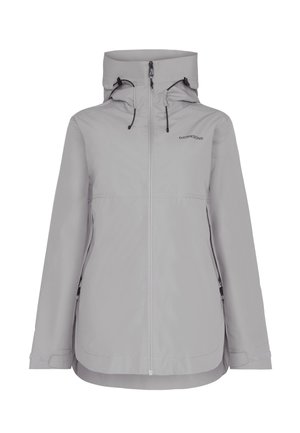 Veste imperméable gris clair avec capuche, fermeture éclair frontale, deux poches latérales zippées, poignets ajustables et logo Didriksons sur la poitrine.