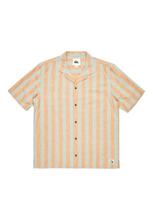 Short-sleeve shirt in light blue and coral vertical stripes, made of lightweight fabric with a button front and a camp collar design.