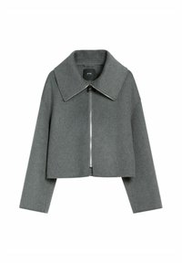 Szary krótkie kurtka wykonana z mieszanki wełny, z dużym kołnierzem, zapięciem na zamek z przodu i szerokimi długimi rękawami.