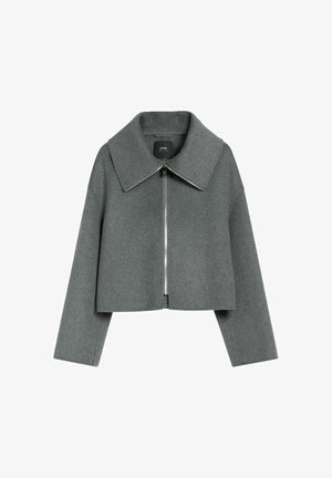 Szary krótkie kurtka wykonana z mieszanki wełny, z dużym kołnierzem, zapięciem na zamek z przodu i szerokimi długimi rękawami.