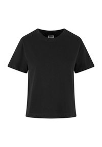 Effen zwart T-shirt met korte mouwen en ronde hals, met een rechte zoom, weergegeven op een witte achtergrond.