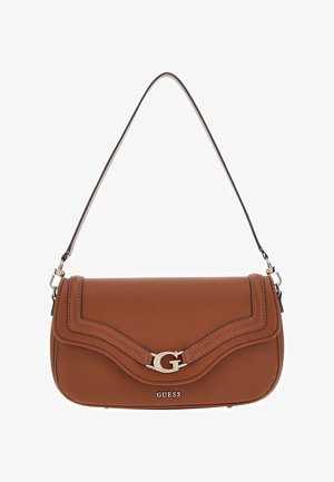 Brun læder skuldertaske med sølv "G" lås og Guess-logo, med en buet klap og justerbar strop.