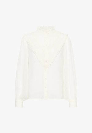 Blusa bianca con colletto alto, pieghe verticali e dettagli arricciati. Presenta maniche lunghe e una chiusura frontale con bottoni. Tessuto testurizzato.