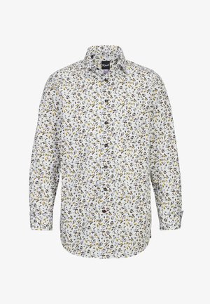 Weißes Langarmhemd mit floralem Muster in verschiedenen Farben. Knopfdesign mit spitzem Kragen und Ein-Knopf-Manschetten.