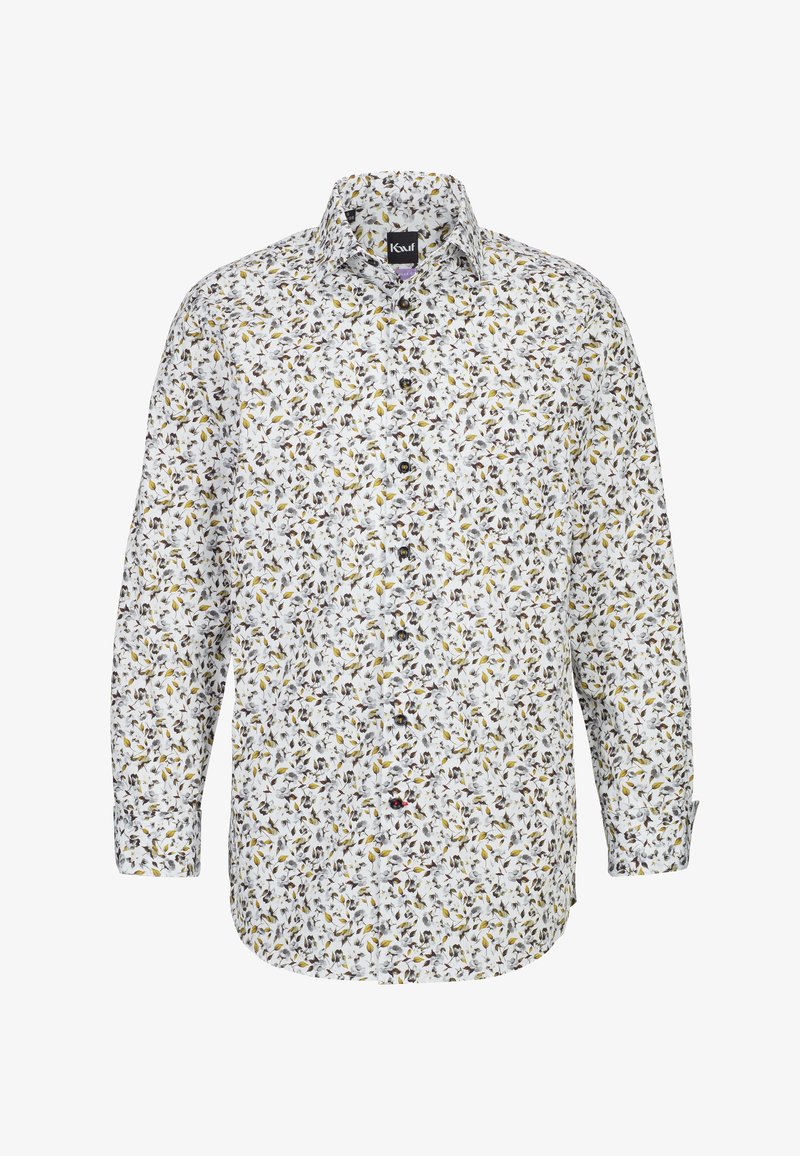 Weißes Langarmhemd mit floralem Muster in verschiedenen Farben. Knopfdesign mit spitzem Kragen und Ein-Knopf-Manschetten.