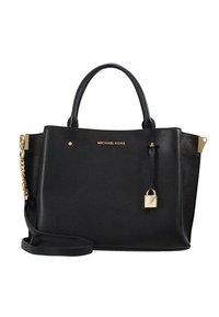 Czarna skórzana torebka z teksturowaną powierzchnią, złotymi akcentami, górnymi uchwytami oraz odpinanym paskiem na ramię. Posiada zamknięcie w formie akcentu oraz logo.