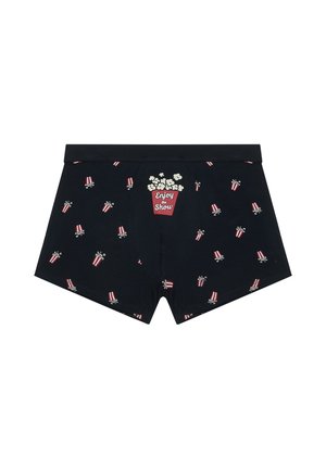 Boxer negros con un cubo de palomitas y gráficos temáticos de películas. Tela suave con cintura elástica, ofreciendo un ajuste cómodo.