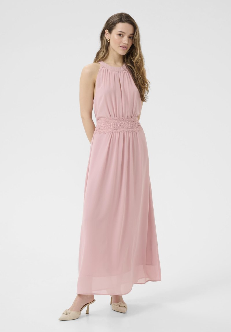 Pink maxi dress with a pleated bodice, lace waistband, and flowing skirt. Includes thin straps and a smooth, lightweight fabric.