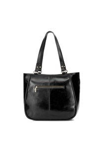 Czarna skórzana torba na ramię z zamykaną na zamek przednią kieszenią, dwoma mocnymi paskami na ramię oraz gładką fakturą z minimalnymi detalami ściegów.