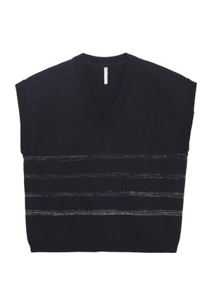 Schwarze ärmellose Strickweste mit V-Ausschnitt und vier dezenten horizontalen grauen Streifen auf der Vorderseite.