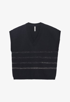 Zwarte mouwloze gebreide sweatervest met V-hals en vier subtiele horizontale grijze strepen over de voorkant.