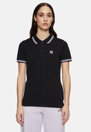 Sort polo med kontrasterende hvid og lilla stribet krave, tre-knaps placket og brystlogo. Lavet af et glat, letvægts stof.