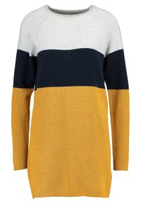 Maglione a maglia con scollo rotondo, maniche lunghe e design color block in tonalità grigio, blu navy e senape, caratterizzato da una finitura morbida e strutturata.