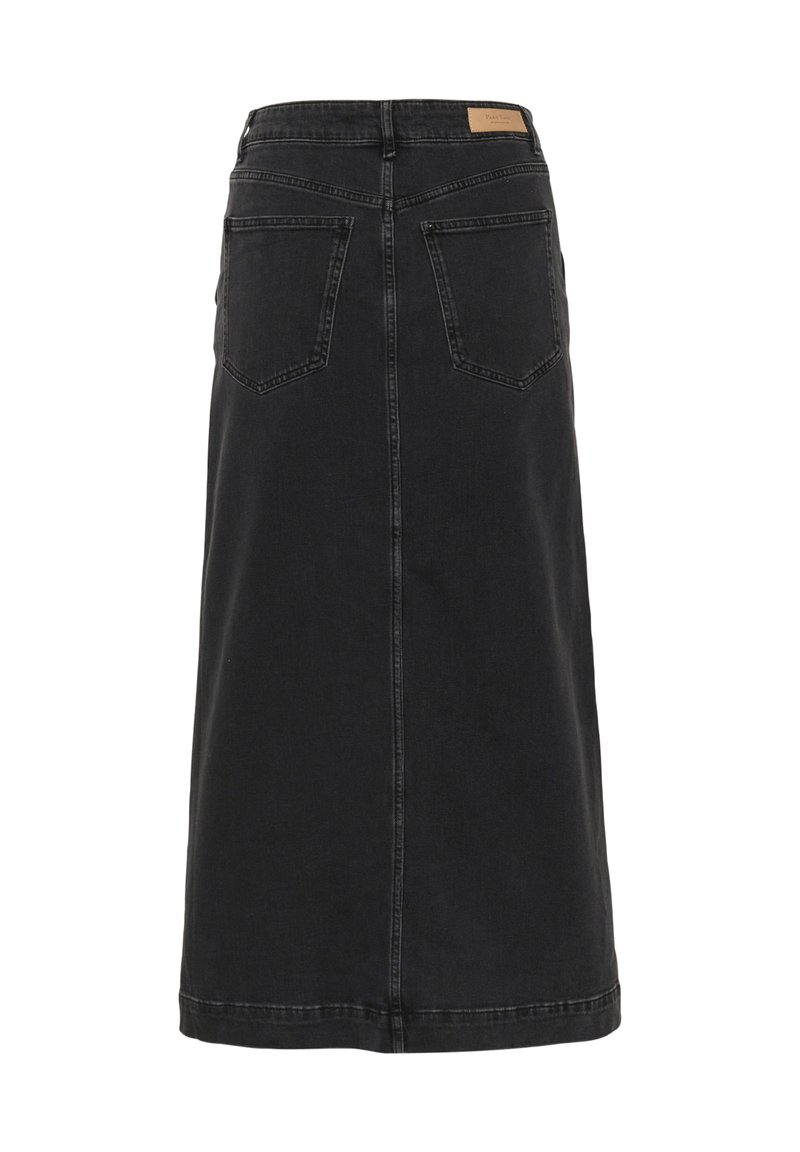Czarna midi spódnica dżinsowa o prostym kroju, z dwiema tylnymi kieszeniami i subtelną metką marki. Wykonana z trwałego materiału.