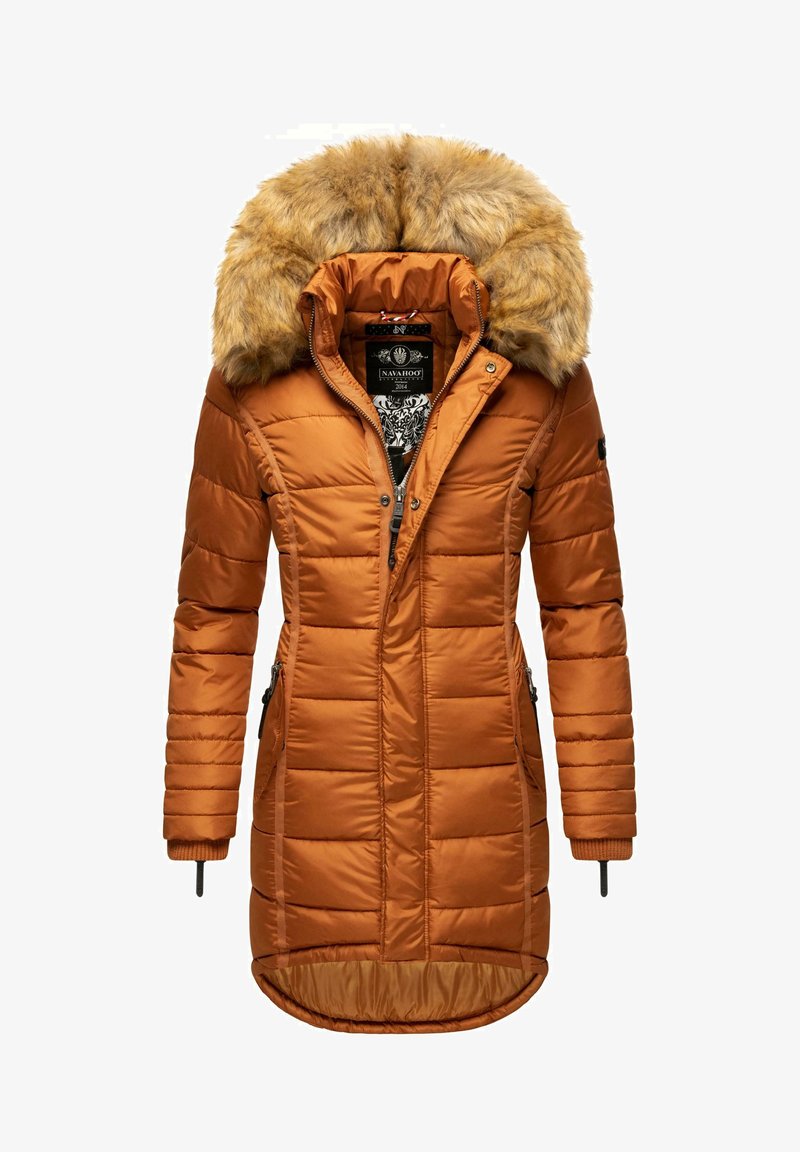 Oranje pufferjack met een nepbont capuchon, voorzien van verticale gestikte textuur, ritssluitingen in de zakken en een middellange silhoët.