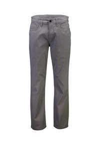 Harmaat puuvillasekoitehousut, joissa suora lahkeen muoto, viiden taskun muotoilu ja vetoketjullinen etumalli napillissulkimella. Tasainen textuuri hienolla kudoksella.