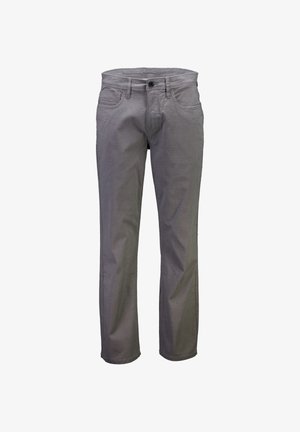 Szare spodnie z bawełnianej mieszanki o prostym kroju nogawki, z pięcioma kieszeniami oraz rozporkiem na suwak z zapięciem na guzik. Gładka faktura z subtelnym splotem.