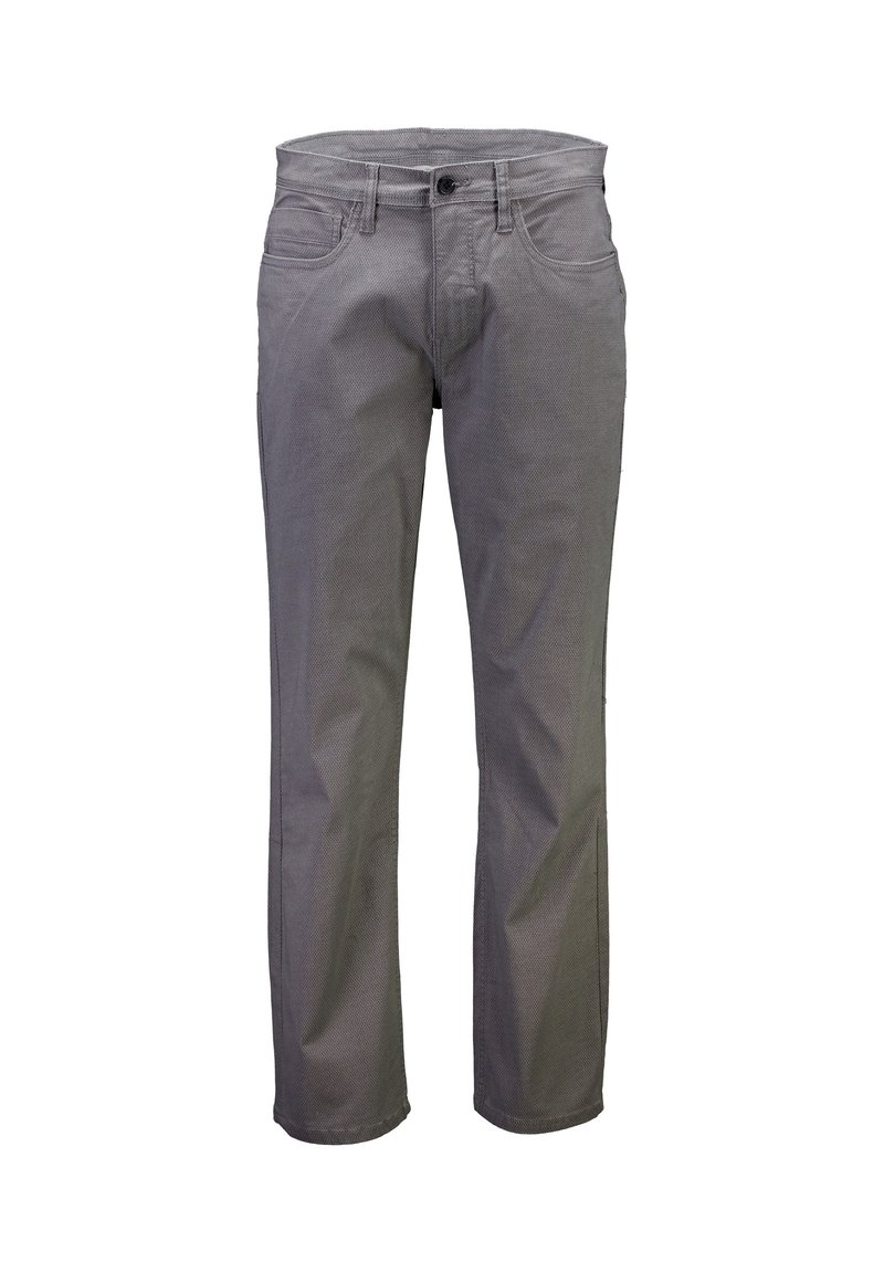 Harmaat puuvillasekoitehousut, joissa suora lahkeen muoto, viiden taskun muotoilu ja vetoketjullinen etumalli napillissulkimella. Tasainen textuuri hienolla kudoksella.