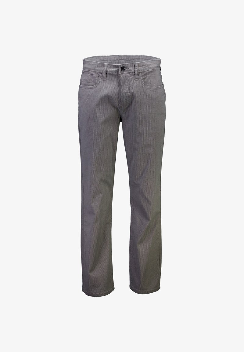 Harmaat puuvillasekoitehousut, joissa suora lahkeen muoto, viiden taskun muotoilu ja vetoketjullinen etumalli napillissulkimella. Tasainen textuuri hienolla kudoksella.