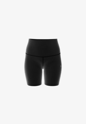 Zwarte hooggerimde shorts van rekbaar, soepel materiaal. Heeft een elastische tailleband en een subtiele logo-detail aan de zijkant.