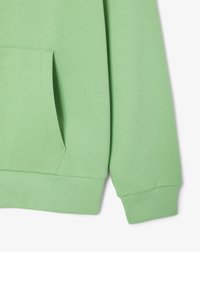 Sweat-shirt vert clair avec une poche avant, des poignets côtelés et une texture lisse. Design simple axé sur le confort et la fonctionnalit�é.