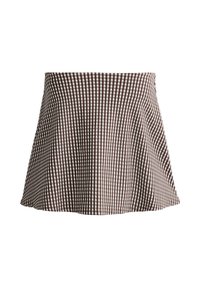 Jupe trapèze à carreaux marron et blanc avec taille haute et ourlet évasé, présentée sur fond blanc.
