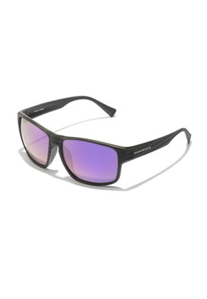 Wraparound sunglasses with a black, textured plastic frame and purple gradient lenses. Engraved "Hawkers" logo on the arm.
