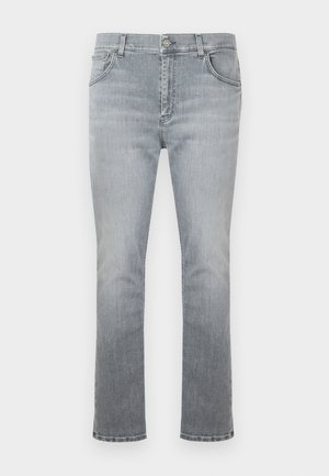 Light gray denim jeans with a straight-leg cut, five-pocket design, and a subtle faded texture. Features a front button closure.