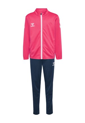 Träningsdräkt med en ljusrosa zip-up jacka med hög krage, vit dragkedja och marinblå byxor. Tillverkad av ett mjukt, lätt tyg.
